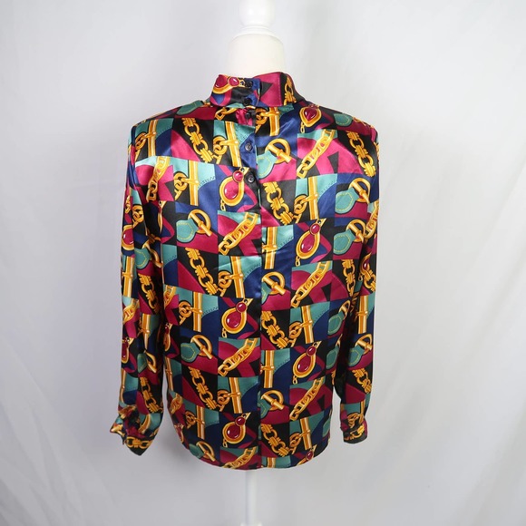Vintage 90s pink and blue abstract chain print satin mockneck blouse 10 - Picture 4 of 5